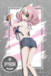 1girl annette_(spy_kyoushitsu) back bare_arms bare_back bare_hips bare_shoulders blush closed_mouth dot_nose eyebrows eyelashes hair_between_eyes legs navel official_art open_mouth short_hair simple_background solo spy_kyoushitsu stomach thighs