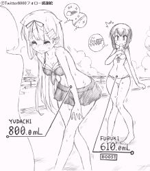 Rule 34 | 2girls, bare shoulders, barefoot, beach, bikini, bikini skirt, blush, breasts, character name, cleavage, clenched hand, closed eyes, closed mouth, cloud, collarbone, crossed legs, embarrassed, english text, female focus, front-tie bikini top, front-tie top, fubuki (kancolle), full body, greyscale, hair ornament, hair ribbon, hairclip, hand up, have to pee, highres, japanese text, kantai collection, knees together feet apart, koorimizu, leaning forward, long hair, medium breasts, monochrome, multiple girls, navel, nose blush, notice lines, ocean, open mouth, outdoors, ponytail, queue, ribbon, short hair, silhouette, sky, small breasts, sparkle, squat toilet, standing, sweat, swimsuit, thought bubble, translation request, trembling, urine meter, water, yuudachi (kancolle)