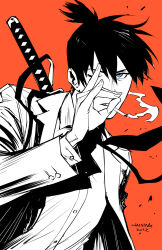 Rule 34 | 1boy, black hair, black jacket, black necktie, blue eyes, chainsaw man, cigarette, collared shirt, cropped torso, earrings, floating neckwear, formal, fox shadow puppet, haining, hayakawa aki, highres, jacket, jewelry, katana, limited palette, looking at viewer, necktie, one eye closed, orange background, shirt, short hair, simple background, smoke, smoking, solo, stud earrings, suit, sword, topknot, upper body, weapon, weapon on back, white shirt