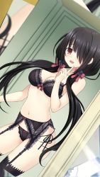 Rule 34 | 1girl, bare arms, bare shoulders, black bra, black hair, black panties, black thighhighs, bra, breasts, cleavage, clock eyes, date a live, date a live: date a bullet, garter belt, garter straps, hair ornament, hair over one eye, heterochromia, highres, lingerie, long hair, looking at viewer, medium breasts, mhworld424, navel, open mouth, panties, red eyes, solo, stomach, symbol-shaped pupils, thighhighs, thighs, tokisaki kurumi, twintails, underwear, yellow eyes
