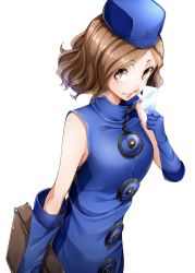 Rule 34 | 1girl, bag, blue dress, blue gloves, blue headwear, brown eyes, brown hair, cosplay, dress, elbow gloves, elizabeth (persona), elizabeth (persona) (cosplay), gloves, highres, holding, holding bag, looking at viewer, nakano maru, okumura haru, parted lips, persona, persona 5, short hair, simple background, sleeveless, sleeveless dress, smile, solo, standing, suitcase, white background