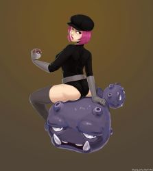 Rule 34 | 1girl, ass, belt, breasts, cabbie hat, creatures (company), game freak, gen 1 pokemon, gloves, grey gloves, grey thighhighs, hat, holding, holding poke ball, lips, lipstick, makeup, nintendo, nose, npc trainer, penelope and me, pink hair, poke ball, pokemon, pokemon (creature), red eyes, short hair, short shorts, shorts, simple background, sitting, sitting on head, sitting on person, team rocket, team rocket grunt, thighhighs, weezing
