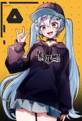 Rule 34 | 1girl, \m/, absurdres, baseball cap, blue eyes, blue hair, bow, choker, clothes writing, collar, commentary, cowboy shot, ear piercing, earrings, fang, hair bow, hair ornament, hairclip, hat, hatsune miku, highres, hood, hoodie, jewelry, kuro-ko, long hair, long sleeves, looking at viewer, miniskirt, nail polish, open mouth, pendant choker, pierced hat, piercing, pleated skirt, safety pin, skirt, smile, solo, symbol-only commentary, tongue, tongue out, twintails, very long hair, vocaloid, yellow background