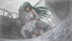 Rule 34 | 1girl, absent, absurdres, bare arms, bare shoulders, cityscape, cowboy shot, crying, crying with eyes open, dress, dutch angle, earrings, green eyes, green hair, hair down, hatsune miku, highres, jewelry, long hair, rain, sash, skirt hold, solo, sundress, tears, vocaloid, wading, white dress