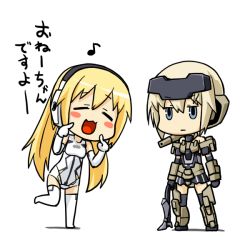 Rule 34 | 10s, 2girls, :3, :d, :|, = =, armor, arnval, azuma doguu, bare shoulders, black gloves, blonde hair, blue eyes, blush stickers, bodysuit, boots, busou shinki, chibi, closed eyes, closed mouth, crossover, expressionless, frame arms girl, gloves, gourai, headgear, holding, laughing, leg lift, leotard, long hair, mecha musume, microskirt, multiple girls, musical note, open mouth, panties, quaver, shadow, short hair, simple background, skirt, smile, standing, standing on one leg, striped clothes, striped panties, text focus, thigh boots, thighhighs, translation request, twintails, underwear, very long hair, white background, white footwear, white gloves, white legwear