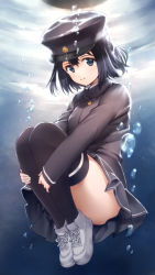 Rule 34 | 10s, 1girl, akitsu maru (kancolle), bad id, bad pixiv id, black eyes, black hair, breasts, hat, highres, imperial japanese army, kantai collection, large breasts, long sleeves, looking at viewer, military, military uniform, peaked cap, pleated skirt, shoes, short hair, skirt, sneakers, takahata yuki, thighhighs, uniform