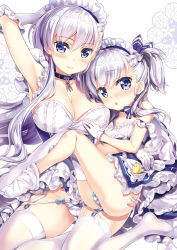 Rule 34 | 2girls, :o, animal, apron, arm up, armpits, asymmetrical legwear, azur lane, bare shoulders, belfast (azur lane), bird, blue dress, blue eyes, blush, braid, breasts, chick, cleavage, closed mouth, collarbone, commentary request, dress, elbow gloves, frilled apron, frilled dress, frills, fujima takuya, gloves, hair between eyes, large breasts, little bel (azur lane), long hair, looking at viewer, maid, maid headdress, multiple girls, nose blush, one side up, panties, parted lips, silver hair, sleeveless, sleeveless dress, smile, striped clothes, striped panties, thighhighs, thighhighs pull, underwear, uneven legwear, very long hair, waist apron, white apron, white background, white gloves, white legwear, white panties