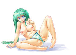 Rule 34 | 1girl, :o, arm support, barefoot, bikini, blue eyes, blush, breasts, female focus, frog hair ornament, full body, green hair, hair ornament, hair tubes, kiyama satoshi, kochiya sanae, large breasts, long hair, looking at viewer, nipples, simple background, snake hair ornament, solo, spread legs, swimsuit, topless, touhou, twintails, white background