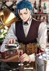 Rule 34 | 1boy, alcohol, bartender, blouse, blue hair, bow, bowtie, closed eyes, collared shirt, cup, dress shirt, drinking glass, fate/grand order, fate (series), highres, male focus, phonograph, pouring, sherlock holmes (fate), shirt, smile, solo, upper body, vest, white shirt, wine glass, yaoshi jun