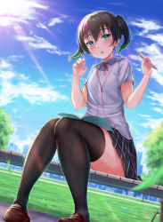 Rule 34 | 1girl, :o, aqua eyes, bench, black hair, black skirt, black thighhighs, blush, breasts, collared shirt, earbuds, earphones, embarrassed, eyelashes, gradient hair, green eyes, green hair, hair between eyes, highres, holding, holding pen, light rays, loafers, looking at viewer, love live!, love live! nijigasaki high school idol club, multicolored hair, neck ribbon, nijigasaki school uniform, notebook, open mouth, outdoors, park, park bench, pen, plaid, plaid skirt, pleated skirt, rama (yu-light8), red ribbon, ribbon, school uniform, shirt, shoes, short sleeves, sitting, skirt, small breasts, solo, summer uniform, sun, sunbeam, sunlight, surprised, takasaki yu, thighhighs, twintails, two-tone hair, white shirt, zettai ryouiki