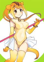 Rule 34 | 10s, 1girl, animal ears, bare shoulders, blonde hair, blush, bracelet, breasts, brown eyes, brown hair, circlet, closed mouth, covered navel, crotch, elbow gloves, extra ears, eyelashes, floating hair, fuji fujino, gloves, golden snub-nosed monkey (kemono friends), gradient legwear, green background, hand up, high ponytail, highleg, highleg leotard, holding, holding weapon, jewelry, kemono friends, leotard, long hair, looking away, medium breasts, monkey ears, monkey tail, multicolored background, multicolored clothes, multicolored gloves, multicolored hair, multicolored legwear, orange gloves, orange hair, orange thighhighs, pleated skirt, ponytail, see-through, skirt, smile, solo, staff, swept bangs, tail, tareme, thigh gap, thighhighs, two-tone background, two-tone legwear, weapon, white background, white skirt, yellow gloves, yellow leotard, yellow thighhighs