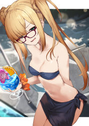 Rule 34 | 1girl, :d, alternate hairstyle, amagasa yun, arm behind back, bandeau, bare arms, bare shoulders, bikini, black bikini, blonde hair, blue eyes, blue hawaii, blurry, breasts, brown-framed eyewear, cleavage, collarbone, cowboy shot, cup, depth of field, drinking glass, fate (series), flower, glasses, highres, holding, hurricane glass, long hair, looking at viewer, lord el-melloi ii case files, medium breasts, navel, open mouth, orange scrunchie, purple flower, reines el-melloi archisorte, sarong, scrunchie, sidelocks, smile, smug, solo, standing, stomach, strapless, strapless bikini, swimsuit, tropical drink, twintails, very long hair