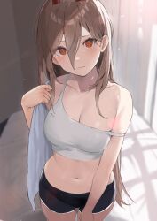 Rule 34 | 1girl, black shorts, blush, breasts, brown hair, chainsaw man, cleavage, collarbone, commentary request, crop top, hair between eyes, highres, horns, long hair, looking at viewer, medium breasts, midriff, navel, necosuna7l, off shoulder, power (chainsaw man), red eyes, shirt, short shorts, shorts, solo, stomach, strap slip, tank top, tearing up, tears, thigh gap, thighs, white shirt