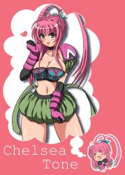 Rule 34 | 1girl, black gloves, blush, breast envy, breasts, bubble skirt, character name, chelsea torn, chibi, choker, dual persona, gloves, green eyes, green skirt, hair ornament, hairpin, happy, heart, imagining, kihaiu, large breasts, long hair, midriff, navel, pink background, pink hair, ponytail, shorts, skirt, smile, tales of (series), tales of destiny, thighs, thought bubble, tongue, twintails