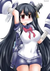 Rule 34 | 1girl, alternate costume, arm cannon, arm up, bandages, bandaged arm, bandages, bike shorts, black hair, blush, bodysuit, breasts, commentary request, cosplay, dress, female focus, fusou (kancolle), hair ornament, headgear, kantai collection, large breasts, long hair, machinery, neck ribbon, nenohi (kancolle) (cosplay), nenohi (kancolle), open mouth, ouno (nounai disintegration), red eyes, ribbon, sailor dress, school uniform, serafuku, shorts, simple background, solo, thighs, twitter username, very long hair, weapon, white background