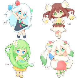 Rule 34 | 4girls, :d, :o, absurdly long hair, aikei ake, arm up, black dress, black footwear, blue eyes, blue hair, blue ribbon, blush, boots, brown hair, brown shirt, capelet, closed mouth, commentary request, dress, flower, green eyes, green hair, hair between eyes, hair flower, hair ornament, hair ribbon, head tilt, highres, holding, long hair, long sleeves, looking at viewer, multicolored hair, multiple girls, open mouth, original, paint tube, parted lips, personification, prehensile hair, red hair, ribbon, sandals, shirt, shoes, simple background, skirt, sleeveless, sleeveless dress, smile, translation request, two-tone hair, two side up, very long hair, water, watering can, white background, white capelet, white dress, white flower, white footwear, white hair, white shirt, white skirt, yellow dress, yellow footwear