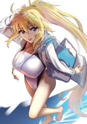 Rule 34 | 1girl, :p, absurdres, bag, barefoot, blonde hair, blue eyes, unworn eyewear, fate/apocrypha, fate/grand order, fate (series), from above, full body, highres, jacket, jeanne d&#039;arc (fate), jeanne d&#039;arc (ruler) (fate), jeanne d&#039;arc (swimsuit archer) (fate), jeanne d&#039;arc (swimsuit archer) (second ascension) (fate), kujuu shikuro, long hair, looking at viewer, looking up, one-piece swimsuit, ponytail, solo, swimsuit, tongue, tongue out, very long hair, walking, water, whistle, whistle around neck
