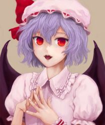 Rule 34 | 1girl, fangs, female focus, hat, kuroi nyan, pink hat, remilia scarlet, simple background, solo, touhou, upper body, wings