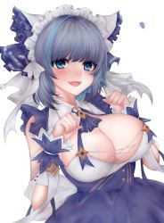 Rule 34 | 1girl, absurdres, apron, aqua eyes, azur lane, breasts, cheshire (azur lane), cleavage, collared dress, dress, frilled headband, frilled ribbon, frills, highres, large breasts, long ribbon, maid headdress, morotei, multicolored hair, open mouth, paw pose, purple apron, purple hair, ribbon, simple background, solo, streaked hair, upper body, white background, wrist cuffs