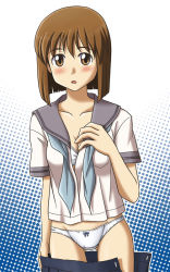 Rule 34 | 1girl, blush, bob cut, bow, bow panties, bra, brown eyes, brown hair, clothes pull, hagiwara yukiho, idolmaster, idolmaster (classic), lace, lace-trimmed bra, lace trim, lielos, looking at viewer, neckerchief, open clothes, open mouth, open shirt, panties, pleated skirt, school uniform, serafuku, shirt, skirt, skirt pull, solo, standing, underwear, undressing, white bra, white panties