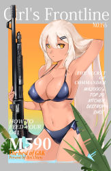 Rule 34 | 1girl, absurdres, armpits, bikini, breasts, character name, commentary, cover, covered erect nipples, dark-skinned female, dark skin, girls&#039; frontline, gun, hand in own hair, highres, holding, holding gun, holding weapon, large breasts, long hair, looking at viewer, m590 (girls&#039; frontline), magazine cover, navel, rox, shotgun, solo, swimsuit, very long hair, weapon, white hair, yellow eyes