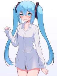 Rule 34 | 1girl, absurdres, blue eyes, blue hair, blush, bright pupils, gradient background, hatsune miku, highres, kumada gaon, long hair, naked shirt, shirt, simple background, solo, sweatdrop, twintails, vocaloid, white pupils