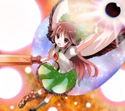 Rule 34 | 1girl, arm cannon, asymmetrical footwear, bird wings, black socks, black sun, black wings, blouse, blush, bow, brown eyes, brown hair, cape, collared shirt, commentary request, control rod, danmaku, fire, frilled skirt, frills, full body, green bow, green skirt, hair bow, highres, kneehighs, long hair, looking at viewer, mismatched footwear, open mouth, ponytail, puffy short sleeves, puffy sleeves, reiuji utsuho, shirt, shoes, short sleeves, single shoe, skirt, smile, socks, solo, spell card, starry sky print, sun, takepoison, third eye, touhou, weapon, white cape, white shirt, wings