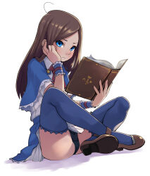 Rule 34 | 1girl, adjusting hair, ascot, black hair, black panties, blouse, blue capelet, blue eyes, blue skirt, blue thighhighs, book, capelet, castlevania (series), castlevania: portrait of ruin, charlotte aulin, female focus, holding, holding book, long hair, panties, shirt, shoes, simple background, sitting, skirt, solo, stupa13a, thighhighs, underwear, upskirt, white background, wrist cuffs