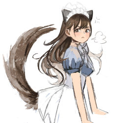 Rule 34 | 1girl, angry, animal ears, apron, azelweien, blush, breasts, brown eyes, brown hair, cat ears, cat girl, cat tail, closed mouth, commentary, dress, english commentary, frown, highres, long hair, looking at viewer, maid apron, maid headdress, medium breasts, neck ribbon, original, ribbon, sketch, skirt, solo, tail, white background