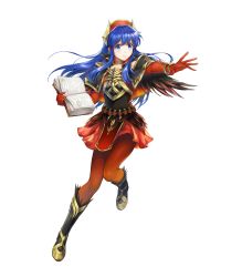 Rule 34 | 1girl, alternate costume, armor, bare shoulders, blue eyes, blue hair, book, boots, bracelet, elbow gloves, feather trim, female focus, fire emblem, fire emblem: the binding blade, fire emblem heroes, full body, gloves, gold trim, gradient clothes, hat, highres, holding, holding book, jewelry, lilina (fire emblem), long hair, matching hair/eyes, miniskirt, nintendo, official art, pantyhose, red gloves, red skirt, shiny skin, skirt, solo, transparent background, yamada koutarou