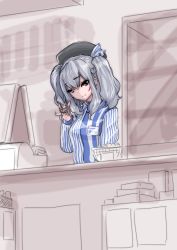 Rule 34 | 10s, 1girl, beret, blue eyes, employee uniform, hat, highres, kantai collection, kashima (kancolle), lawson, looking at viewer, silver hair, smile, solo, souryu, twintails, uniform