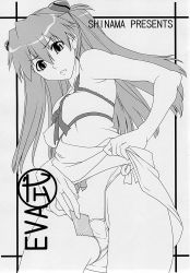 Rule 34 | 1girl, bare legs, breasts, cameltoe, cleft of venus, condom, covered erect nipples, female focus, highres, lifting own clothes, looking down, monochrome, neon genesis evangelion, nipples, panties, shinama, side-tie panties, solo, souryuu asuka langley, sweat, thighs, two side up, underwear