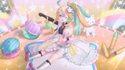 Rule 34 | 1girl, ahoge, amakawa hano, arm up, blonde hair, crop top, cross-laced footwear, elbow gloves, fingerless gloves, flat chest, gloves, hair between eyes, hair ornament, holding, holding toy, jacket, kneehighs, light green hair, long hair, looking at viewer, multicolored hair, navel, one eye closed, open clothes, open jacket, open mouth, outstretched arm, pink eyes, ponytail, re:act, shorts, single elbow glove, sitting, sleeveless, sleeveless jacket, socks, solo, star (symbol), star hair ornament, stuffed toy, suzuho hotaru, thigh strap, toy, two-tone hair, virtual youtuber, white footwear, white shorts