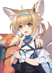 Rule 34 | 1girl, :d, absurdres, ahoge, aliasing, animal, animal ear fluff, animal ears, aqua headwear, arknights, artist name, backpack, bag, bare shoulders, blonde hair, bom-r, braid, breasts, commentary, fang, fingernails, fox, fox ears, fox girl, fox tail, frilled sleeves, frills, green eyes, hair between eyes, hairband, highres, holding, holding animal, infection monitor (arknights), jpeg artifacts, light blush, looking at another, material growth, medium hair, multicolored hair, multiple tails, open mouth, oripathy lesion (arknights), short sleeves, sidelocks, simple background, small breasts, smile, solo, suzuran (arknights), tail, test tube, upper body, white background, white hair, yellow eyes