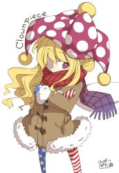 Rule 34 | 1girl, american flag legwear, blonde hair, character name, clownpiece, coat, covered mouth, crossed arms, fur trim, hat, jagabutter, jester cap, mittens, pantyhose, pink eyes, polka dot, red scarf, scarf, signature, simple background, solo, standing, star (symbol), star print, striped, touhou, wavy hair, white background, winter clothes, winter coat