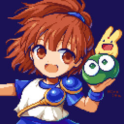 Rule 34 | 1girl, arle nadja, armor, blue background, blue shirt, blue skirt, blue wristband, breastplate, brown eyes, brown hair, carbuncle (puyopuyo), dot nose, hiroita, holding, looking to the side, lowres, madou monogatari, open mouth, pixel art, puyo (puyopuyo), puyopuyo, shirt, shoulder armor, signature, simple background, skirt, vest, white vest