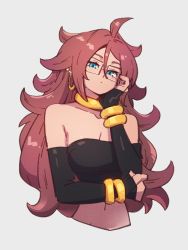 Rule 34 | 1girl, android 21, blue eyes, bracelet, breasts, cleavage, closed mouth, dragon ball, dragon ball fighterz, earrings, glasses, grey background, hair between eyes, hoop earrings, jewelry, kemachiku, long hair, looking at viewer, majin android 21, medium breasts, red hair, simple background, solo, strapless, tube top, upper body
