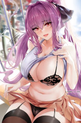 Rule 34 | :d, artist name, black bra, black panties, bow, bra, breasts, cleavage, clothes lift, fate/grand order, fate (series), fence, garter straps, hair bow, hair intakes, high ponytail, large breasts, lifted by self, lingerie, looking at viewer, open mouth, panties, ponytail, purple hair, scathach (fate), shirt lift, signature, skirt, skirt lift, smile, solo, thighhighs, toyoman, underwear