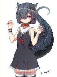 Rule 34 | 1girl, absurdres, animal collar, animal ear fluff, animal ears, black hair, cat ears, closed mouth, collar, cowboy shot, fang, hands up, highres, lizard tail, looking at viewer, mikagura, orange eyes, original, red collar, short hair, simple background, skin fang, sleeveless, smile, solo, spines, standing, tail, thighhighs, white background, zettai ryouiki