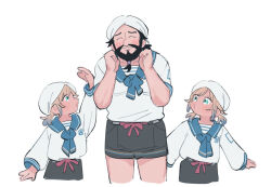 Rule 34 | 3boys, beard, black shorts, blush, clenched hands, closed eyes, collarbone, cosplay, edward teach (fate), facial hair, fate/grand order, fate (series), full beard, gradient hair, happy, long sleeves, looking at another, male focus, marine nemo (fate), marine nemo (fate) (cosplay), multicolored hair, multiple boys, nemo (fate), oneroom-disco, open mouth, sailor, short sleeves, shorts, simple background, smile, turban, white background, white headwear