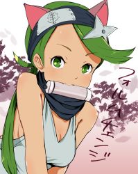 Rule 34 | 1girl, alternate costume, alternate hairstyle, animal ears, bare shoulders, blush, breasts, cat ears, cleavage, creatures (company), fang, forehead protector, game freak, gradient background, green eyes, green hair, headband, kemonomimi mode, long hair, looking at viewer, low ponytail, mallow (pokemon), medium breasts, mouth hold, ninchan, nintendo, pokemon, pokemon sm, scroll, shuriken hair ornament, smile, solo, sweat, tank top, tareme, translation request, upper body