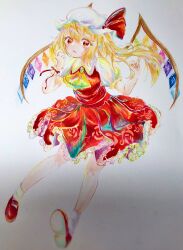 Rule 34 | 1girl, ascot, blonde hair, crystal, flandre scarlet, frilled skirt, frills, full body, green ascot, hair between eyes, hat, highres, long hair, looking at viewer, marker (medium), mary janes, masuhokke, mob cap, multicolored wings, photo (medium), puffy short sleeves, puffy sleeves, red eyes, red footwear, red skirt, red vest, shirt, shoe soles, shoes, short sleeves, simple background, skirt, skirt set, socks, solo, touhou, traditional media, vest, white background, white hat, white shirt, white socks, wings, wrist cuffs, yellow ascot