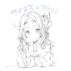 Rule 34 | 1girl, atelier (series), atelier firis, braid, copyright name, female focus, firis mistlud, greyscale, head rest, looking at viewer, monochrome, rainbow text, smile, solo, spot color, text focus, upper body, white background, yuugen