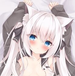 Rule 34 | 1girl, absurdres, animal ear fluff, animal ears, bare shoulders, bed sheet, black jacket, blue eyes, blush, breast pocket, breasts, cardigan, cat ears, cat girl, closed mouth, collarbone, hair between eyes, hair censor, hair over breasts, highres, jacket, long hair, looking at viewer, lying, mochizuki riku, on back, open cardigan, open clothes, open jacket, original, pocket, sleeves past wrists, small breasts, solo, twintails, white cardigan, white hair