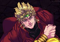 Rule 34 | 1boy, black background, blonde hair, bracelet, cape, dio brando, earrings, headband, heart-shaped ornament, highres, jacket, jewelry, jojo no kimyou na bouken, looking up, male focus, official style, red eyes, ruushii (lucy steel6969), simple background, solo, stardust crusaders, turtleneck, yellow jacket