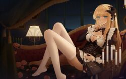 Rule 34 | 1girl, alternate costume, arknights, black dress, black panties, blue eyes, blunt bangs, breasts, candle, cleavage, closed mouth, corset, couch, dress, flower, gongjangmaster, horns, indoors, knees up, lamp, long hair, looking at viewer, lying, medium breasts, night, night sky, nightingale (arknights), on back, on couch, panties, pantyshot, pink flower, pink rose, pointy ears, rose, short dress, signature, sky, smile, solo, star (sky), starry sky, thighhighs, underbust, underwear, very long hair, white thighhighs, window