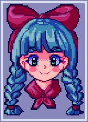 Rule 34 | 1990s (style), 1girl, blue hair, braid, dithering, green eyes, hair ornament, hair ribbon, lilian duleroux, long hair, looking at viewer, original, pixel art, portrait, red ribbon, retro artstyle, ribbon, simple background, smile, solo, twin braids, twintails