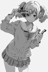 Rule 34 | 1girl, absurdres, bow, bowtie, camera, cardigan, cowboy shot, greyscale, hair tie, hand up, highres, holding, holding camera, leaning forward, looking at viewer, miniskirt, monochrome, original, plaid, plaid skirt, school uniform, shimkarom, short twintails, simple background, skirt, solo, standing, twintails