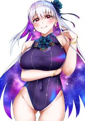 Rule 34 | 1girl, absurdres, bare shoulders, blue hair, blue one-piece swimsuit, blush, body markings, bracelet, breasts, covered navel, earrings, fate/grand order, fate (series), flower, hair flower, hair ornament, hair ribbon, highleg, highleg swimsuit, highres, jewelry, kama (fate), kama (swimsuit avenger) (fate), kama (swimsuit avenger) (third ascension) (fate), large breasts, len (hand linke), long hair, looking at viewer, lotus, multicolored hair, one-piece swimsuit, red eyes, ribbon, silver hair, smile, solo, star (symbol), star earrings, swimsuit, thighs, two-tone hair