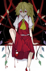 Rule 34 | 1girl, absurdres, blonde hair, blood, blood drip, bright pupils, commentary request, crystal, flandre scarlet, full body, highres, hisha (kan moko), knee up, long hair, looking at viewer, mary janes, no headwear, pool of blood, red eyes, red footwear, red skirt, red vest, shirt, shoes, short sleeves, side ponytail, skirt, socks, touhou, vest, white pupils, white shirt, white socks, wings, yellow neckwear